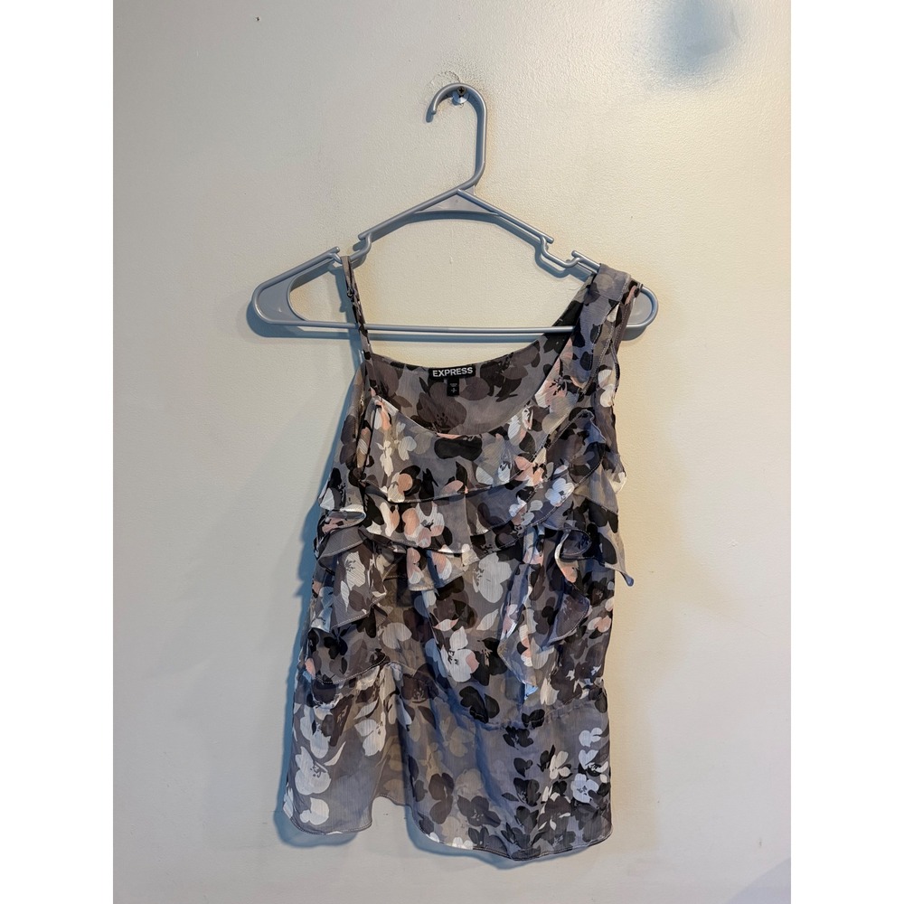 Express Floral Ruffle Tiered One Shoulder Blouse Gray Pink Small